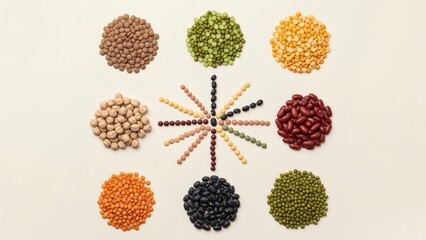 Diverse array of healthy legumes and grains arranged in a vibrant radial pattern on a light background
