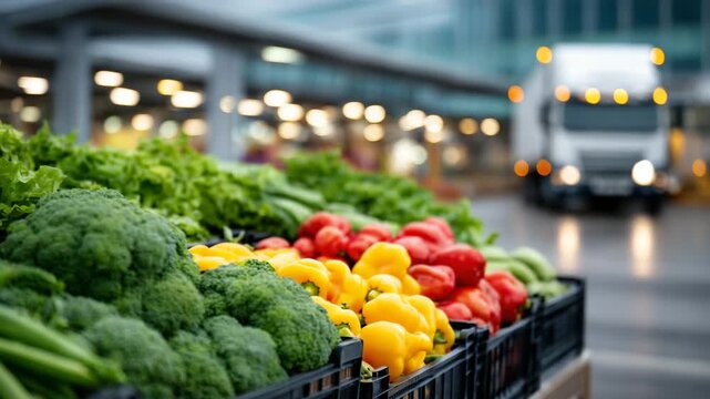 Close-up of mixed vegetables in boxes at an airport loading area, textures emphasized by daylight, cargo truck and logistics equipment softly blurred behind, modern air cargo conce