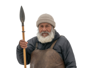 Old man holding spear, isolated