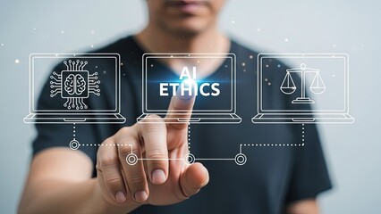 Man interacting with AI ethics concept on digital interface