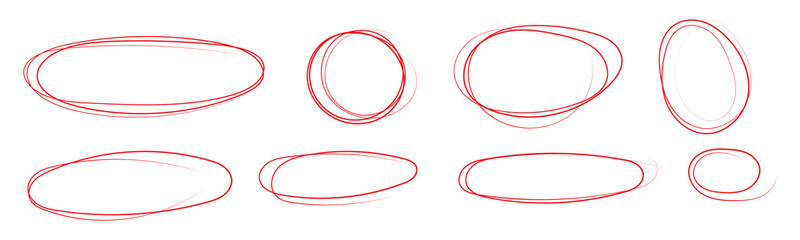 Hand drawn red pen highlight round oval frame set. Handwritten red marker, pencil scribble stroke line oval frame. Brush round frame highlight. Grunge scratch style set. Vector stock illustration 