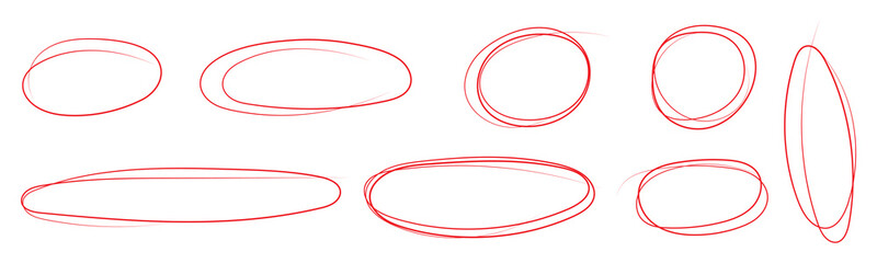 Hand drawn red pen highlight round oval frame set. Handwritten red marker, pencil scribble stroke line oval frame. Brush round frame highlight. Grunge scratch style set. Vector stock illustration 