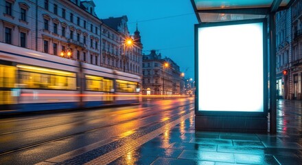 Empty vertical billboard at city street bus stop at night. Urban scene with blank advertising panel. People walking, buses passing. Commercial space for ads. Night time. Mockup of public
