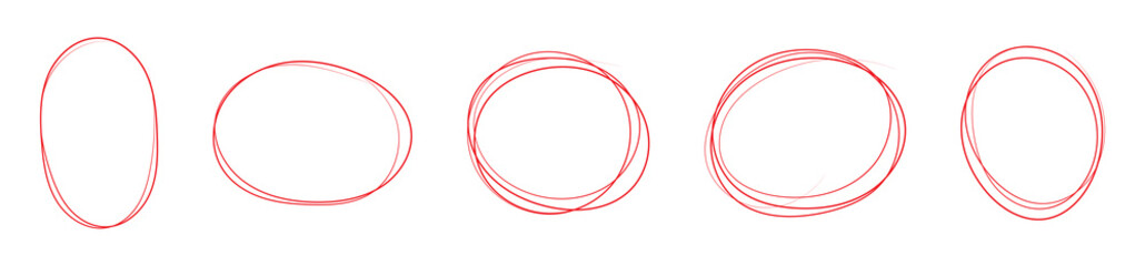 Hand drawn black and red circles and ovals set. Ellipses in red pencil doodle style. Round freehand shapes, emphasis highlights. Red round rough thin frames.