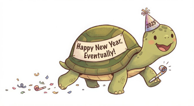 Humorous New Year Illustration of a Cartoon Turtle Wearing a Party Hat and Sign 'Happy New Year, Eventually!' isolated PNG with Transparent Background