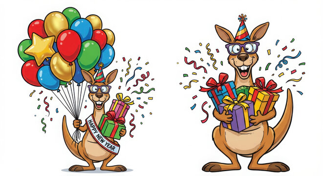 Happy New Year Cartoon Kangaroo Mascot holding Colorful Balloons, Gifts, and Confetti illustration isolated PNG with Transparent Background