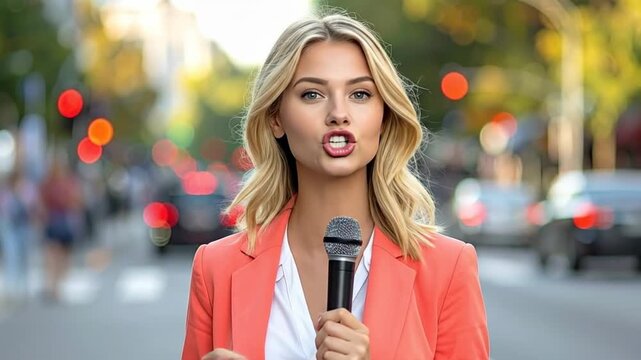 Beautiful Blonde Woman Reporting Live on the Street with Microphone.