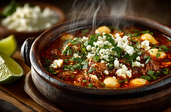 Close photo of steaming Mexican menudo soup. Dish contains tripe hominy spices cilantro. Food in a clay bowl. Lime and cheese also on table. Recipe lunch dinner meal.