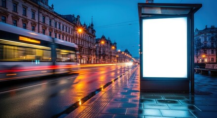 Empty vertical billboard at city street bus stop at night. Urban scene with blank advertising panel. People walking, buses passing. Commercial space for ads. Night mockup of public
