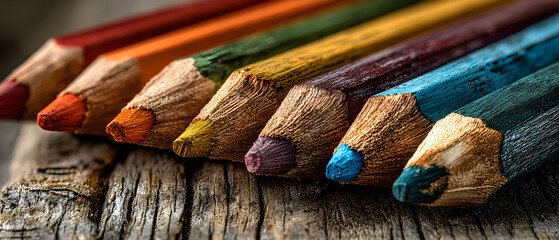 Colored pencils arranged in vibrant order on a rustic table, creating a visually appealing scene with ample copy space for creative projects