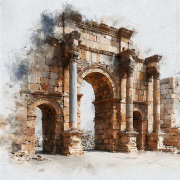 Roman ruins of Timgad. Roman ruins of Timgad hand drawn watercolor illustration on white background