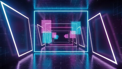 tunnel background with ai quantum data 3D abstract dots for digital tech, with Glowing Geometric Panels and Cyberpunk Technology Background