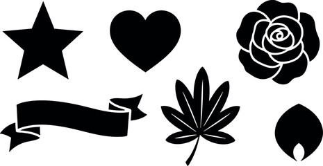 Black silhouette icons of star heart rose ribbon leaf and flame vector set 