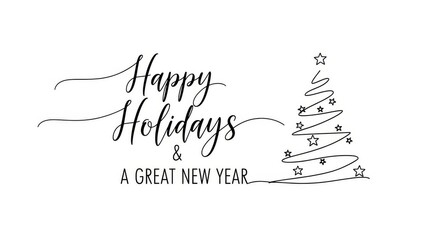 Happy Holidays continuous 
line handwritten Typography ,with Line Art Christmas Tree on White Background