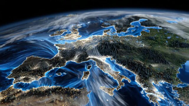 Detailed 3D Earth highlighting Europe, terrain elevation visible with forests and mountains, luminous clouds and atmosphere, bright colorful abstract background, modern educational