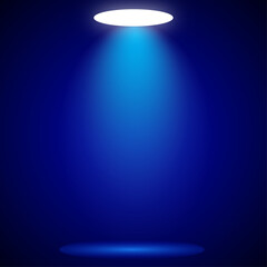 A bright spotlight shining down on a dark blue background with a beam of light