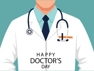 Illustration of a doctor wearing a white coat and stethoscope on teal background