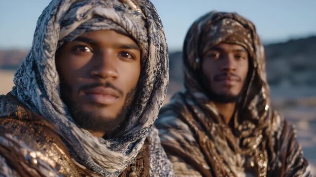 Detailed close-up of two men in traditional desert attire, warm backlight illuminating fabrics and faces, sand and sky blurred in background, emphasizing cultural authenticity and