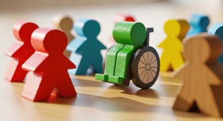 Wooden figures of different colors depict diversity and inclusion. Group includes person in wheelchair. Concept of equality support and teamwork in society. Social topics human rights and business.