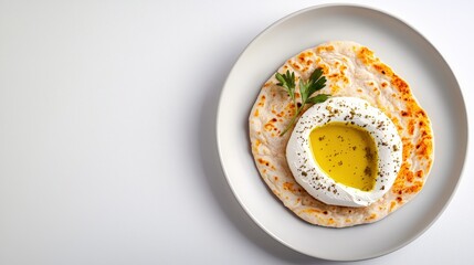 Freshly baked flatbread topped with melted cheese, garnished with parsley and served with a soft boiled egg drizzled with olive oil on a white plate