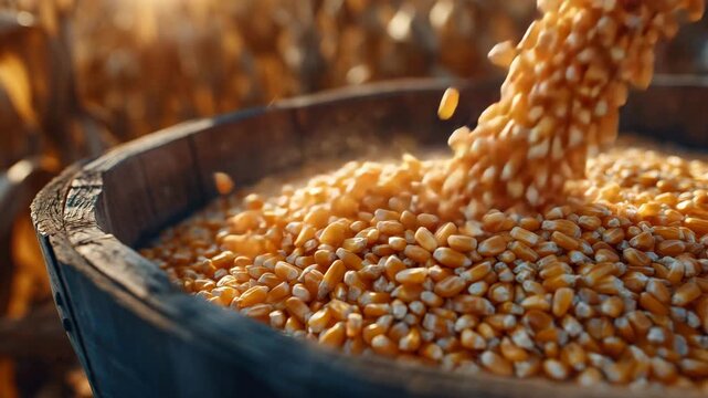 Dynamic agricultural scene of golden corn kernels pouring from a grain bin, cascading in a rich stream, sunlight catching each kernel to create warm highlights, rural farm setting