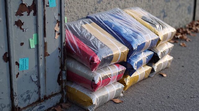 Wrapped packages in vibrant colors stacked against a wall outdoors  