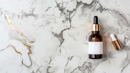 Amber dropper bottle & cap on marble background. One bottle is capped