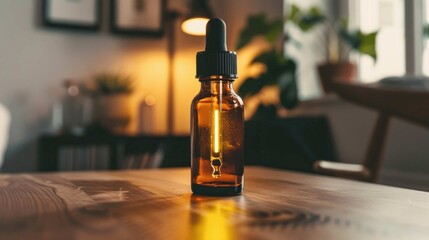 Amber glass dropper bottle with liquid in focus on a wooden table, soft lighting