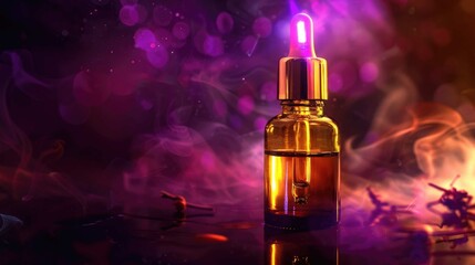 Amber glass dropper bottle illuminated amidst vibrant, ethereal smoke and bokeh