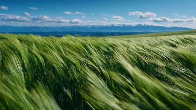 Early summer crops flourishing in a grain field near the Lower Rhine, rich green textures and subtle wind movement, expansive sky overhead, Earth Day inspired sustainable agricultu