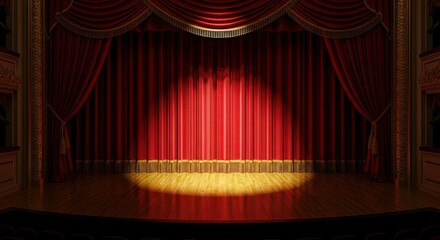 Red stage curtain closed. Spotlight illuminates empty stage. Dramatic theatrical atmosphere. Performance waiting to begin. Excitement for upcoming show. Entertainment background.