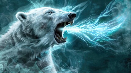 An artistic polar bear roars, emitting electric blue energy from its mouth