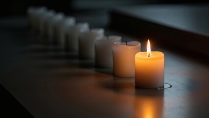 A single lit candle glows in a row of unlit candles, symbolizing hope and remembrance.