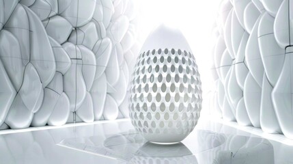 An egg-shaped object with perforated design, inside a white, futuristic, cellular structure