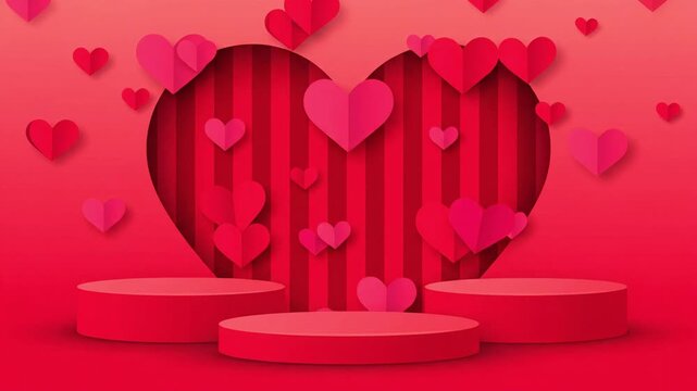 Valentine heart shaped product display with love hearts floating around it in a red mockup environment