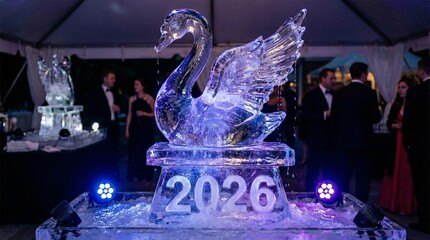 Elegant ice sculpture of a swan with 2026 carved into the base at a formal luxury New Year's gala.