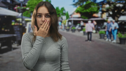 Fototapeta premium Young hispanic woman covering mouth with hand while looking sideways on busy street market; surprise secrecy.