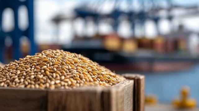 Grains stored in open boxes on a dockside, detailed kernels and rough packaging textures in sharp focus, towering cargo vessel behind, industrial port atmosphere highlighting inter