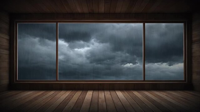 A dark, stormy sky viewed through a large, rectangular window in a wooden room.