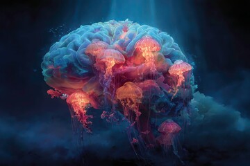 Glowing Jellyfish Forming a Human Brain in Deep Sea Fantasy Scene
