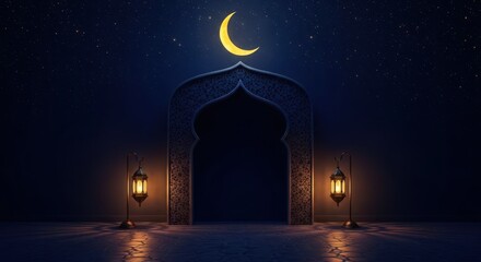 Ramadan Iftar invitation mockup. Blank design space. Lanterns crescent moon and stars. Blue festive background. Muslim holiday greeting card. Ramadan Kareem Eid Mubarak.