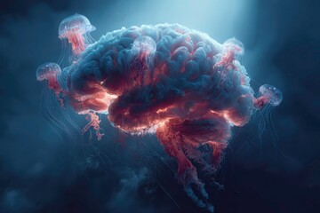 Floating Brain Made of Jellyfish in Dark Underwater Environment