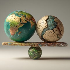 Balanced Earth Globes Showing Healthy and Cracked Planet on Seesaw