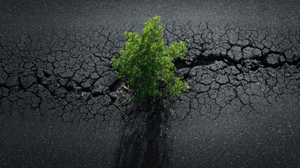 Vibrant Green Sapling Breaking Through Dark Asphalt Crack