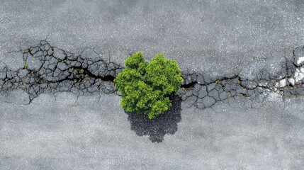 Green Sapling Growing Through Cracked Asphalt Road