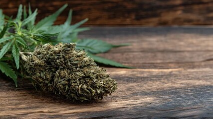 High-detail view of dried cannabis plant material on wood grain background, rich green hues, natural imperfections, calm educational atmosphere focused on plant-based awareness