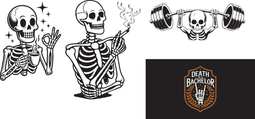 funny skeleton illustrations with various poses and a death of bachelor logo SKELETON HANDS