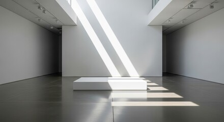 Modern empty gallery features blank white wall mockup. Sunny day with shadows. Wide exposition template for contemporary art exhibitions. Large hall interior with big stand mock up.