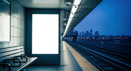 Empty billboard at train station at night. Wooden bench beside. Urban setting. City lights visible in background. Waiting area for commuters. Nighttime scene of public transport facility