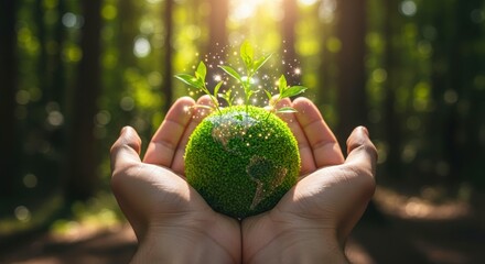 Hand holds a green globe with leaves and network connections. Earth planet eco concept of ecology, environment, nature, conservation, Sustainable development, global warming, save world.